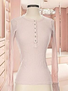 Aerie Ribbed Waffle Knit Henley Button Up Top in Pale Pink | Women's Size Small